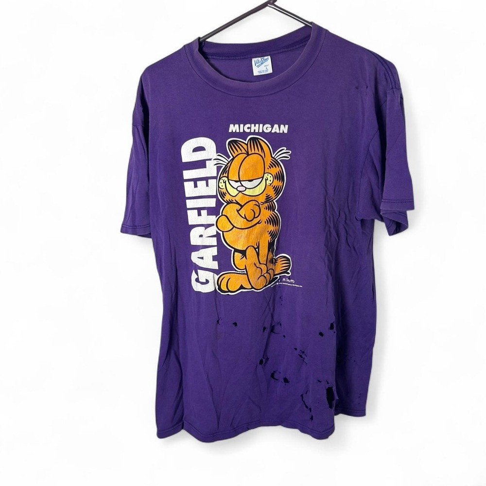 Distressed thrashed Garfield purple Michigan tee‎ Size L #garfield #tee